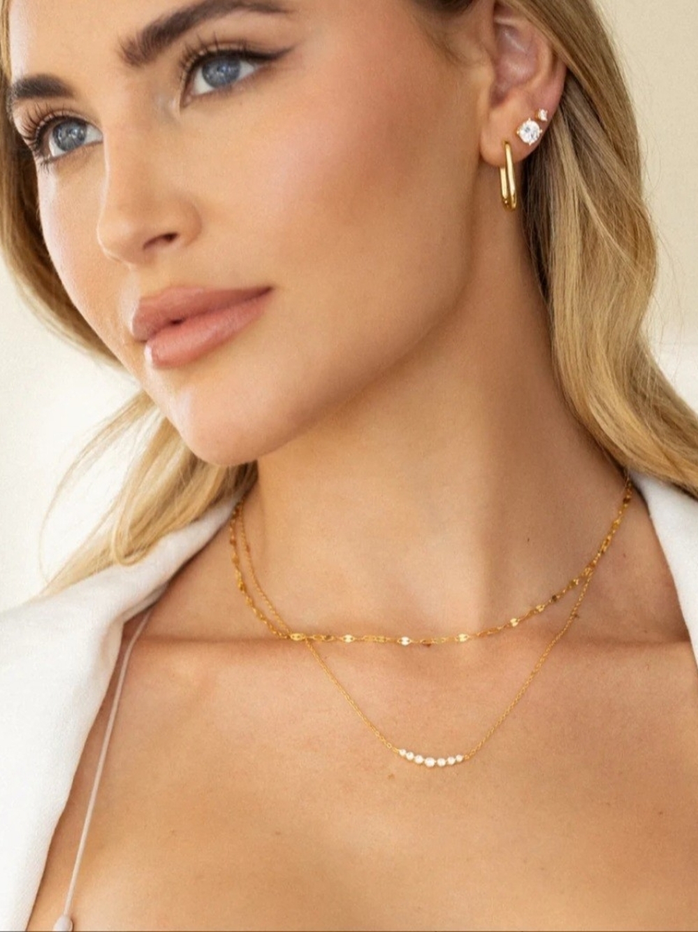 Mint&Lilly Gold Arc Necklace with White Gem Accents